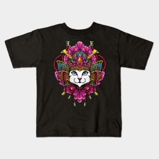 White Cat with Pink Flowery Japanese Headdress Kids T-Shirt